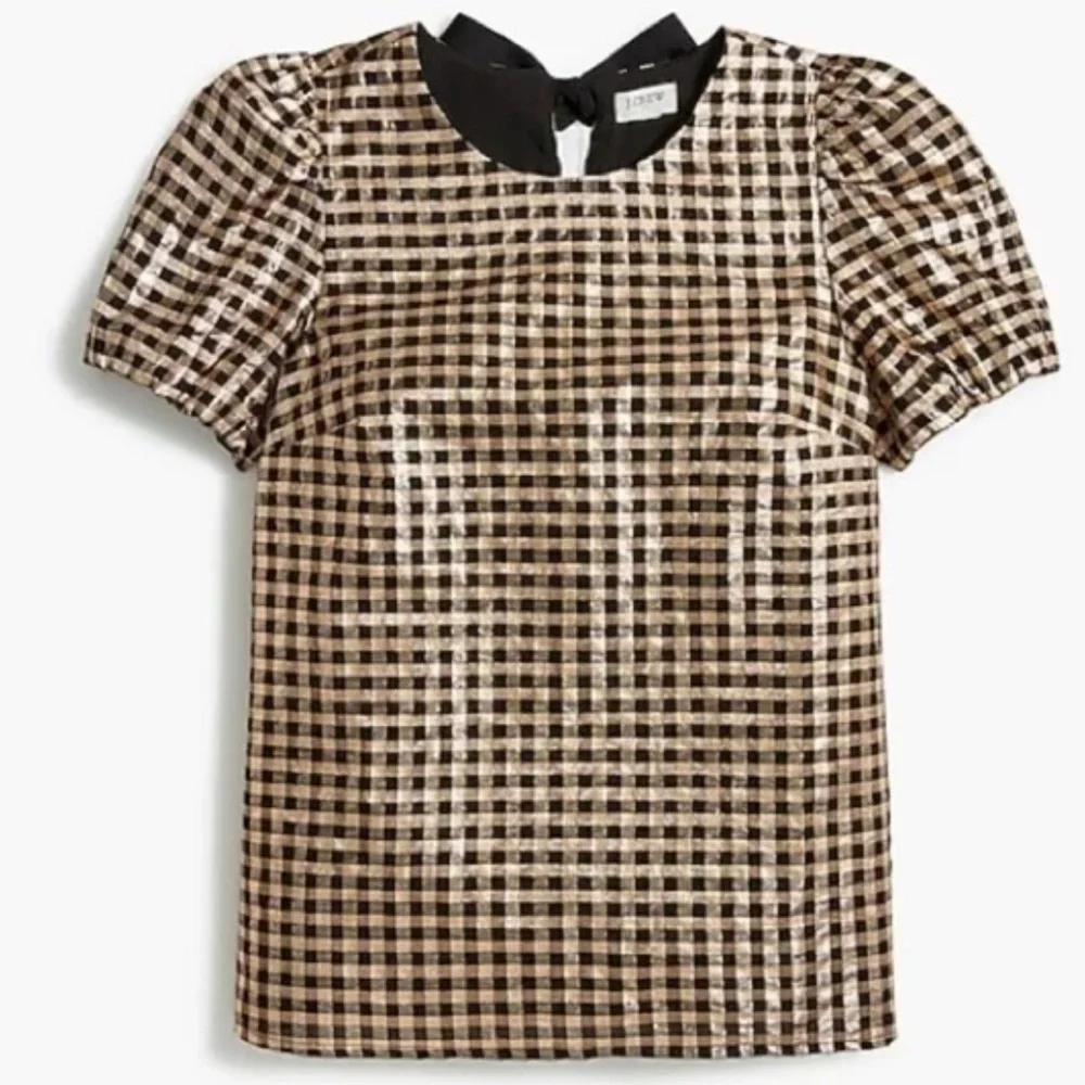J. Crew Lurex Metallic Gold & Black Plaid Puff Sleeve Top, Size Medium, NWT - Picture 2 of 16